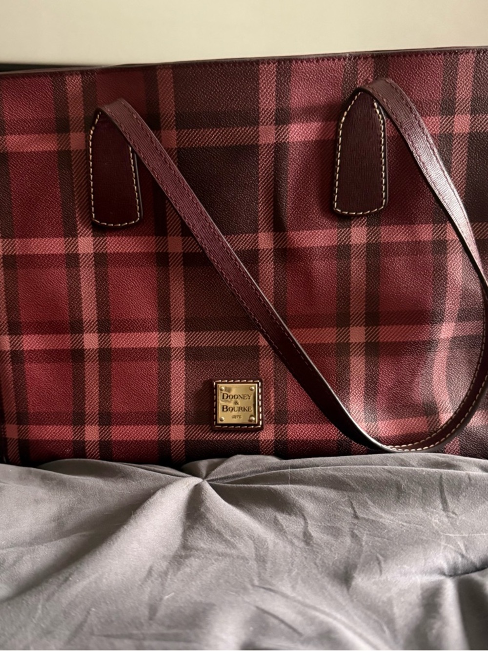 Dooney & Bourke Burgundy Plaid Leather-Trim Tote